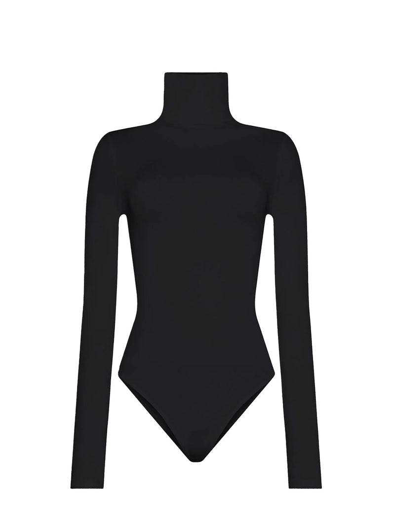 A black long-sleeve bodysuit with a mock neck and a pointed V-shaped waist, shown on a plain white background.