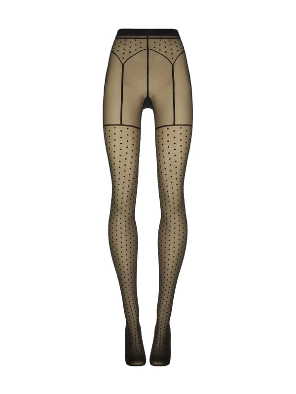 Beige sheer tights with a black polka dot pattern and black trim, shown on a white background.
