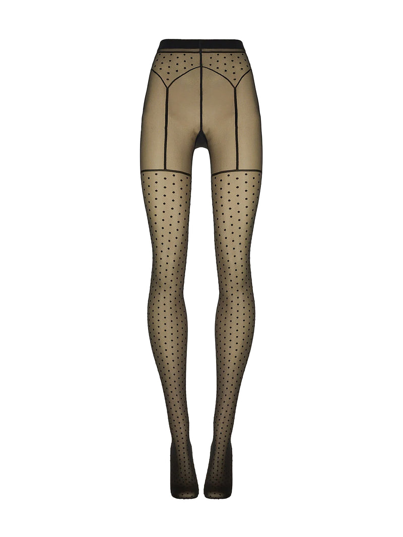 Beige sheer tights with a black polka dot pattern and black trim, shown on a white background.