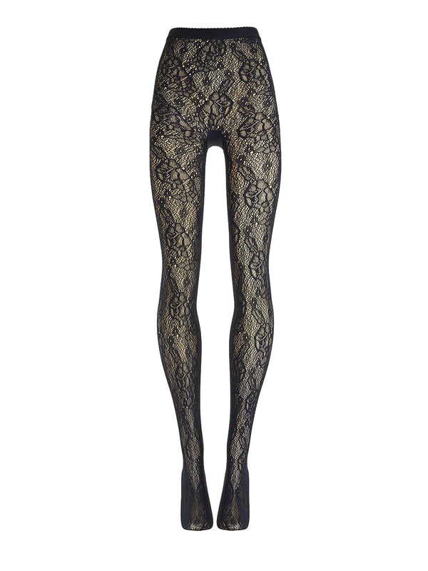 Black lace tights with a floral pattern, displayed on a mannequin leg form against a plain white background.