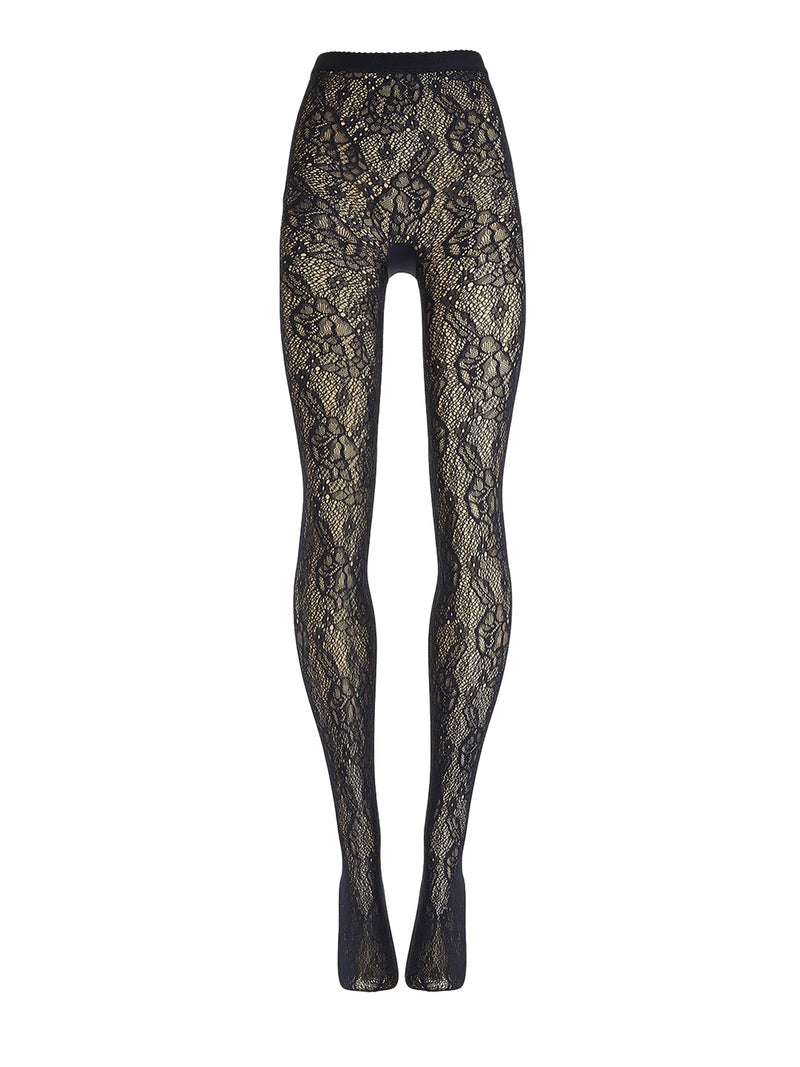 Black lace tights with a floral pattern, displayed on a mannequin leg form against a plain white background.