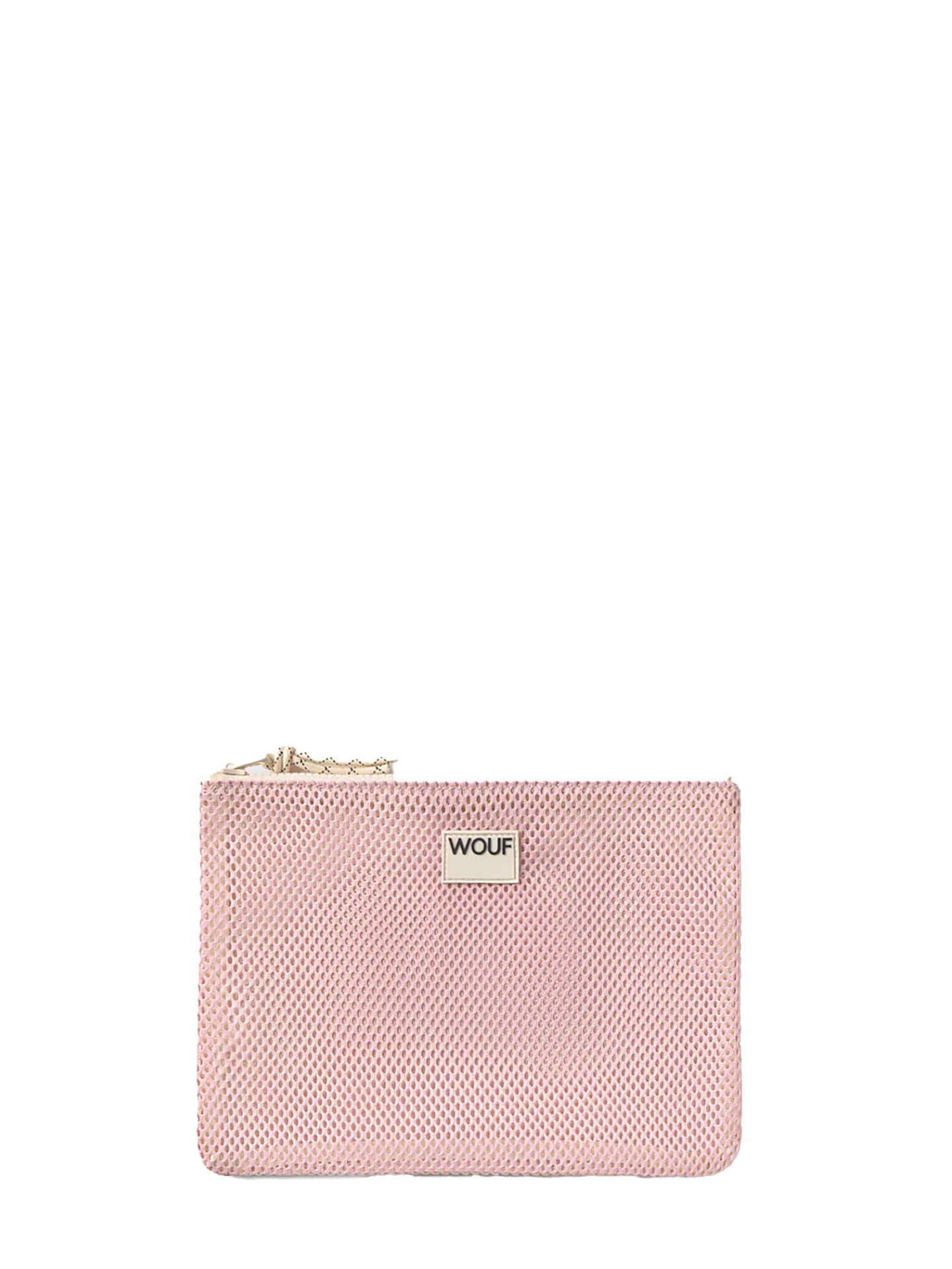 Pink textured pouch with a WOUF brand logo on a white background