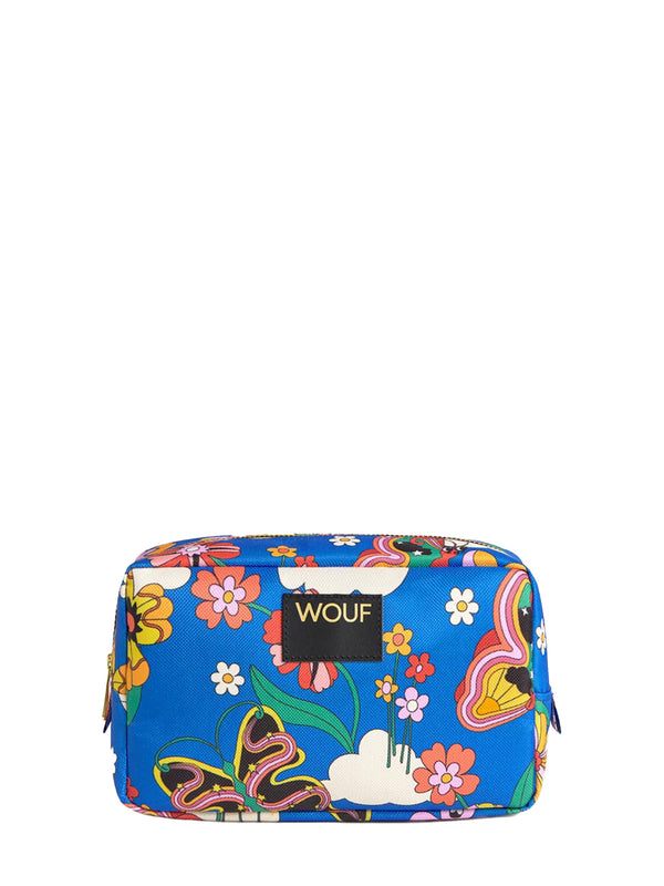 Colorful floral and butterfly patterned pouch with 'Wouf' branding on a white background