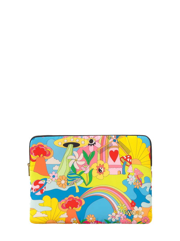Colorful laptop sleeve with cartoon design on a white background