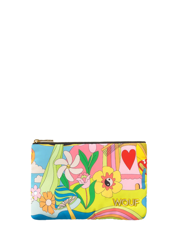 Colorful pouch with floral design and 'Wouf' branding on a white background