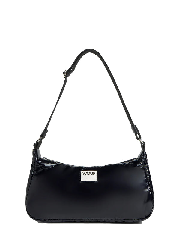 Black handbag with a visible brand logo on a white background