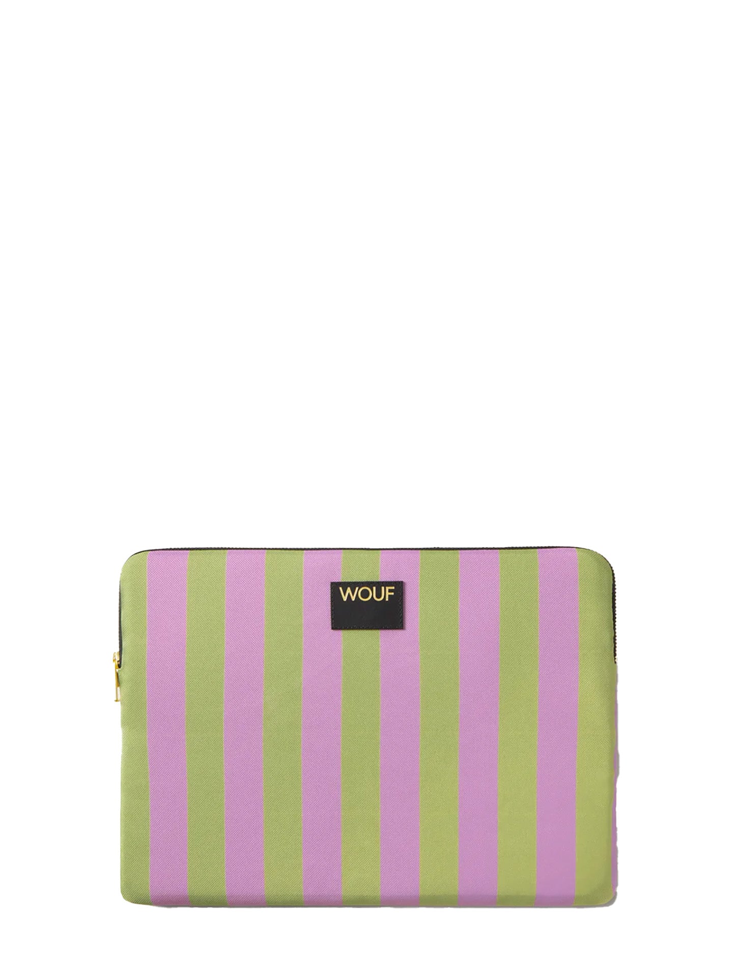 Striped pouch with pink and green stripes on a white background, featuring the brand 'WOUF'.