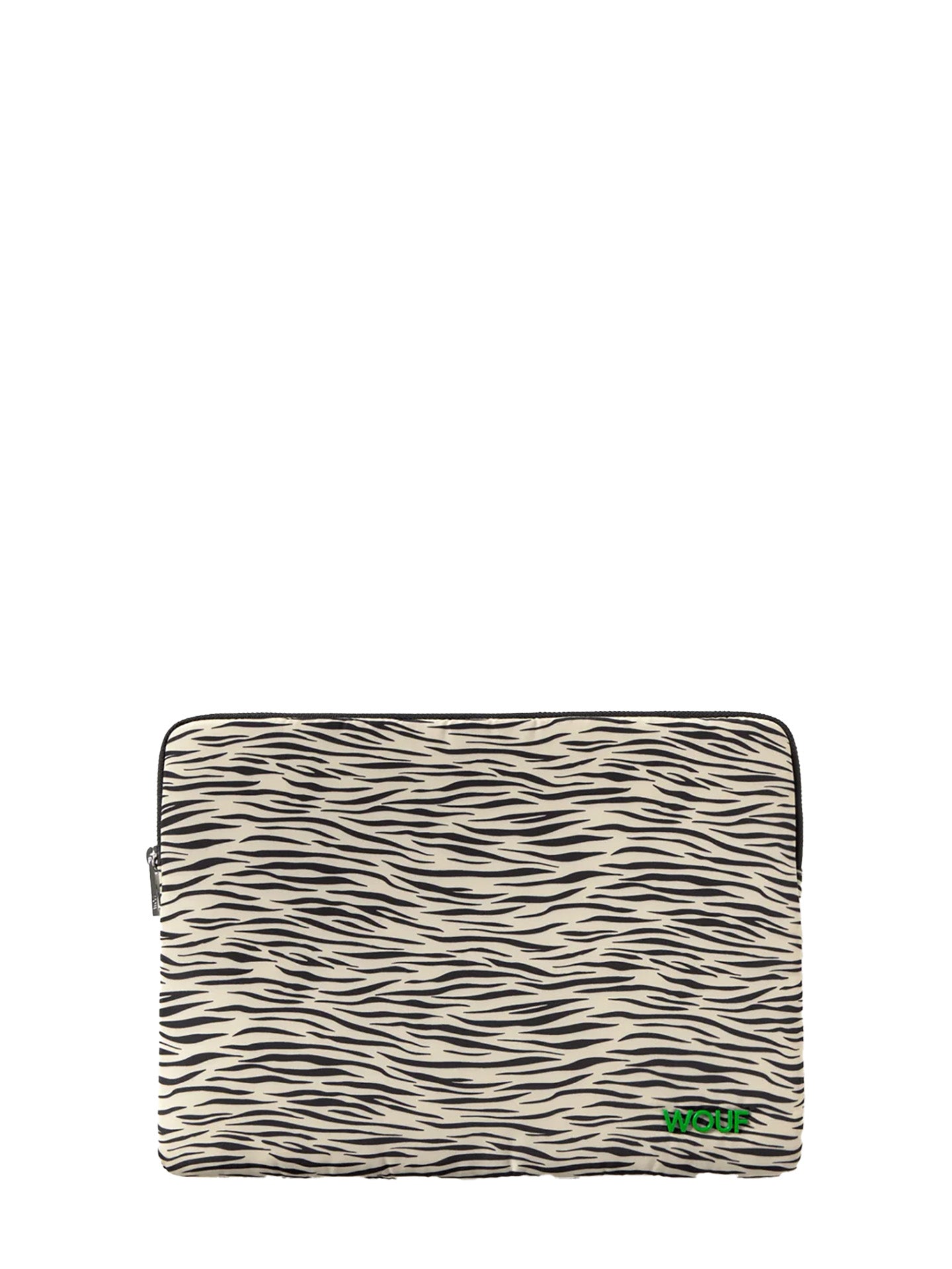Zebra patterned pouch with a brand logo on a white background