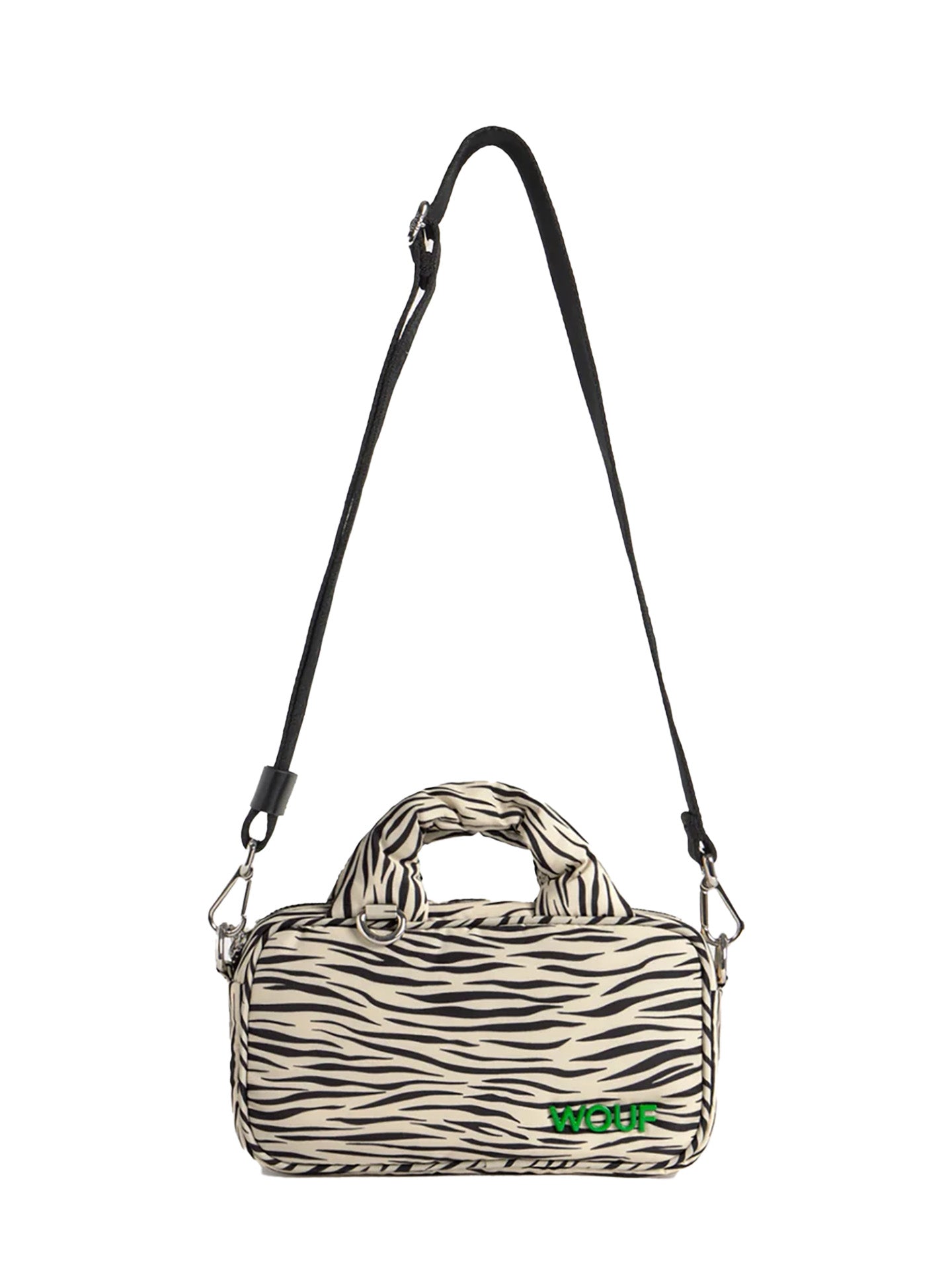 Zebra print handbag with a green logo on a white background