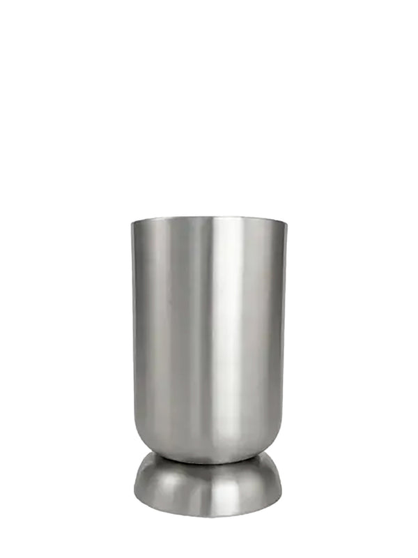 A brushed stainless steel cup or tumbler with a matching circular base, shown on a plain white background.
