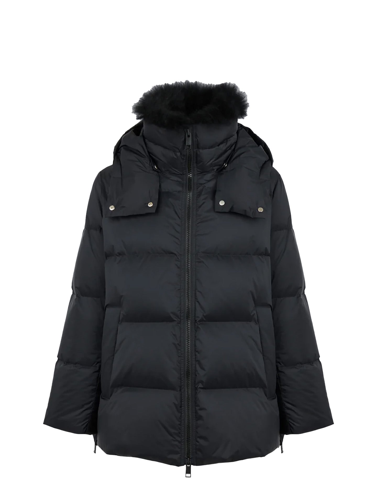 A-line down jacket with lambswool trim, black