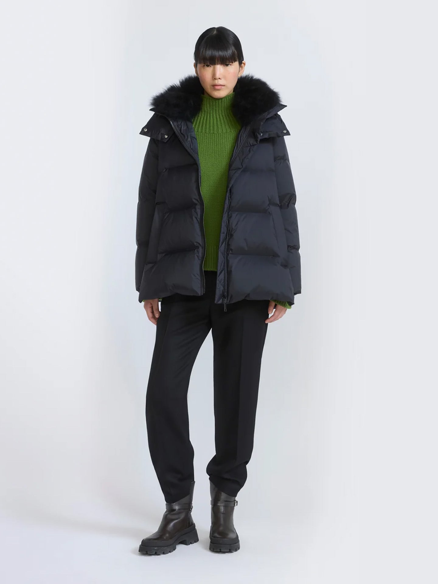 A-line down jacket with lambswool trim, black