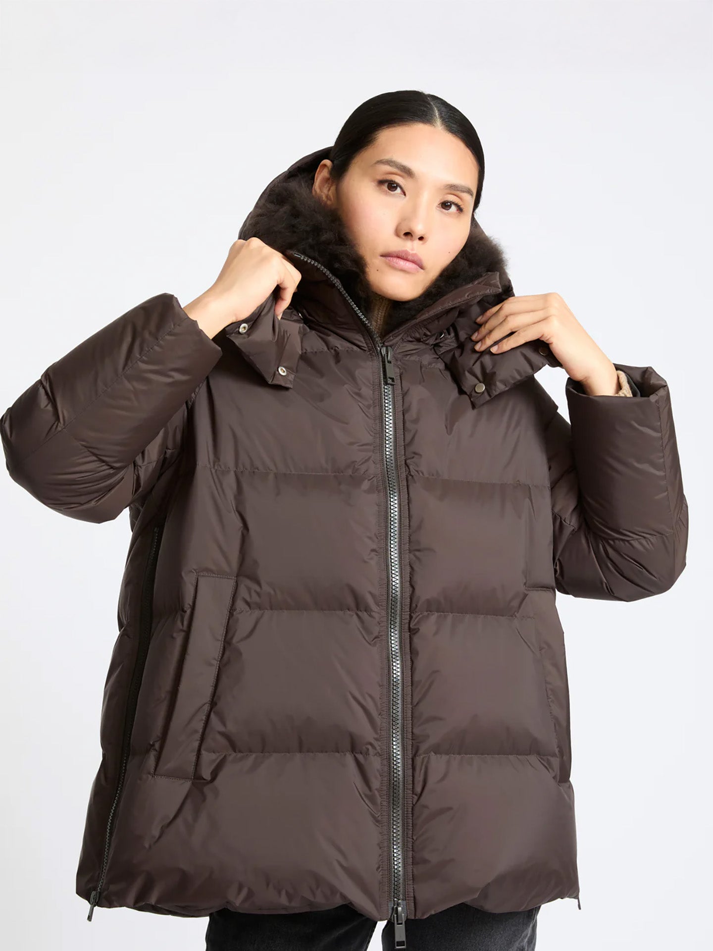 A-line down jacket with lambswool trim, brown