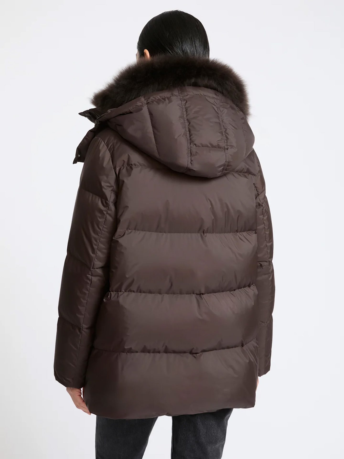 A-line down jacket with lambswool trim, brown