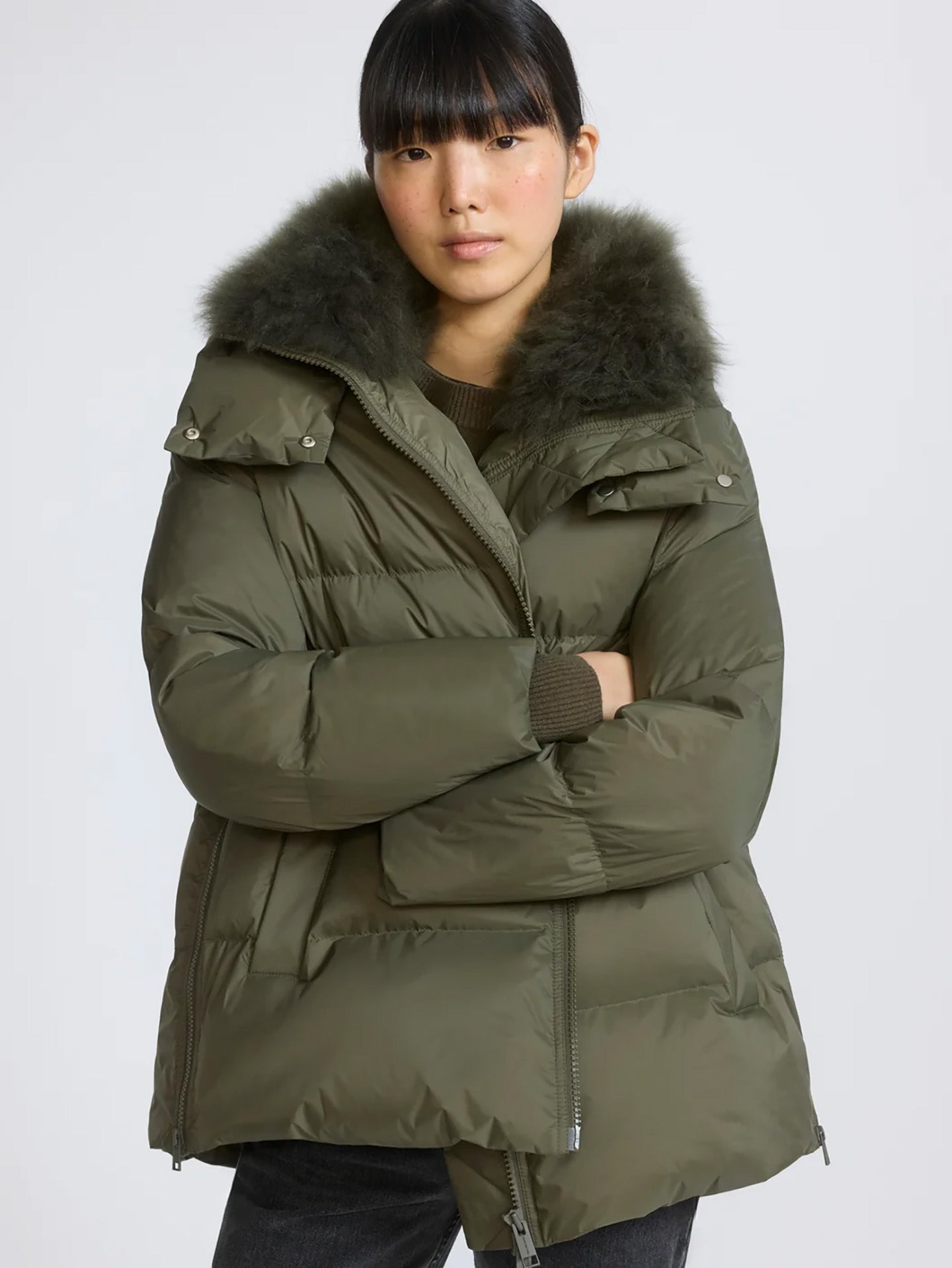 A-line down jacket with lambswool trim, khaki