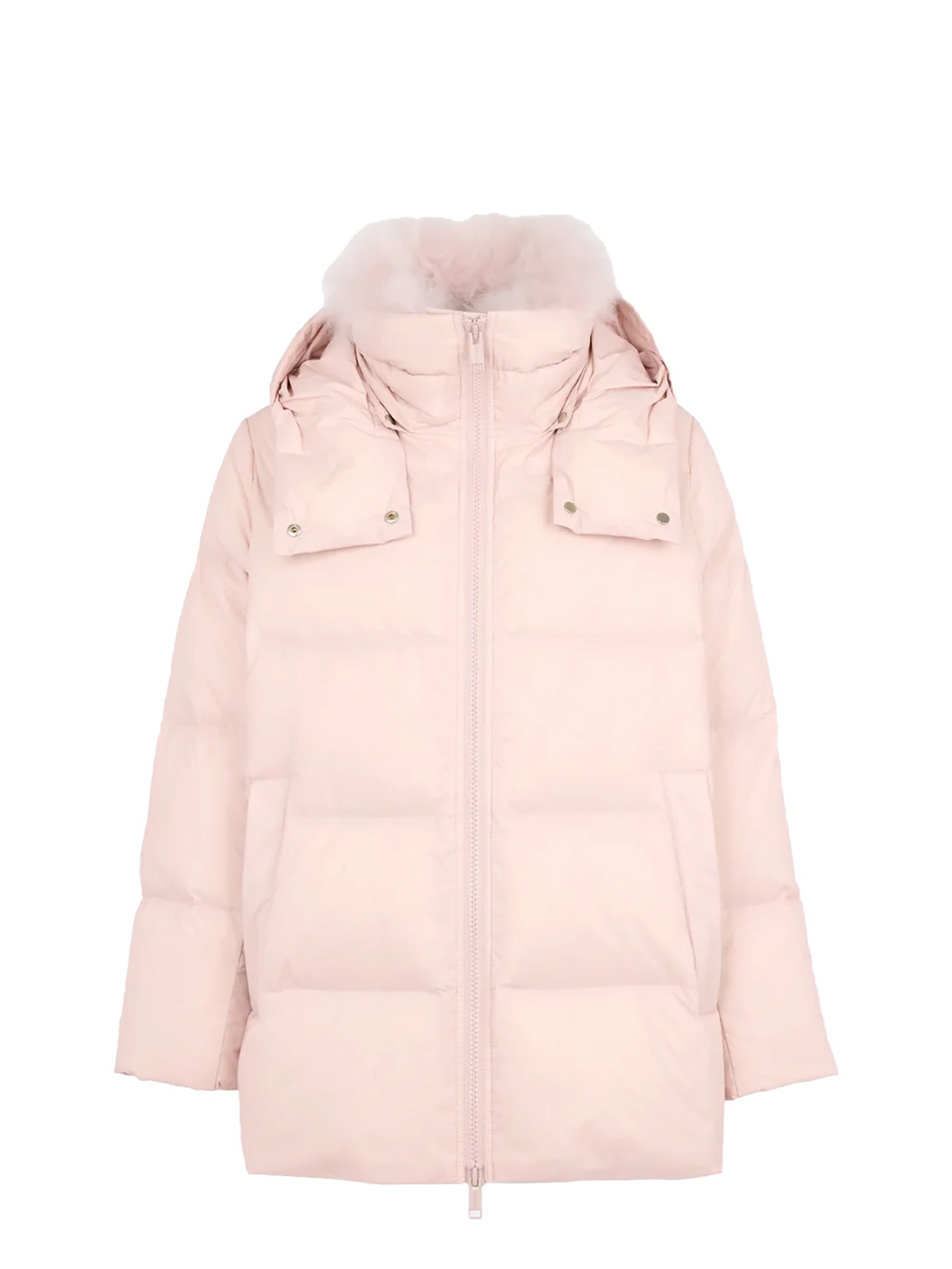 A-line down jacket with lambswool trim, pink