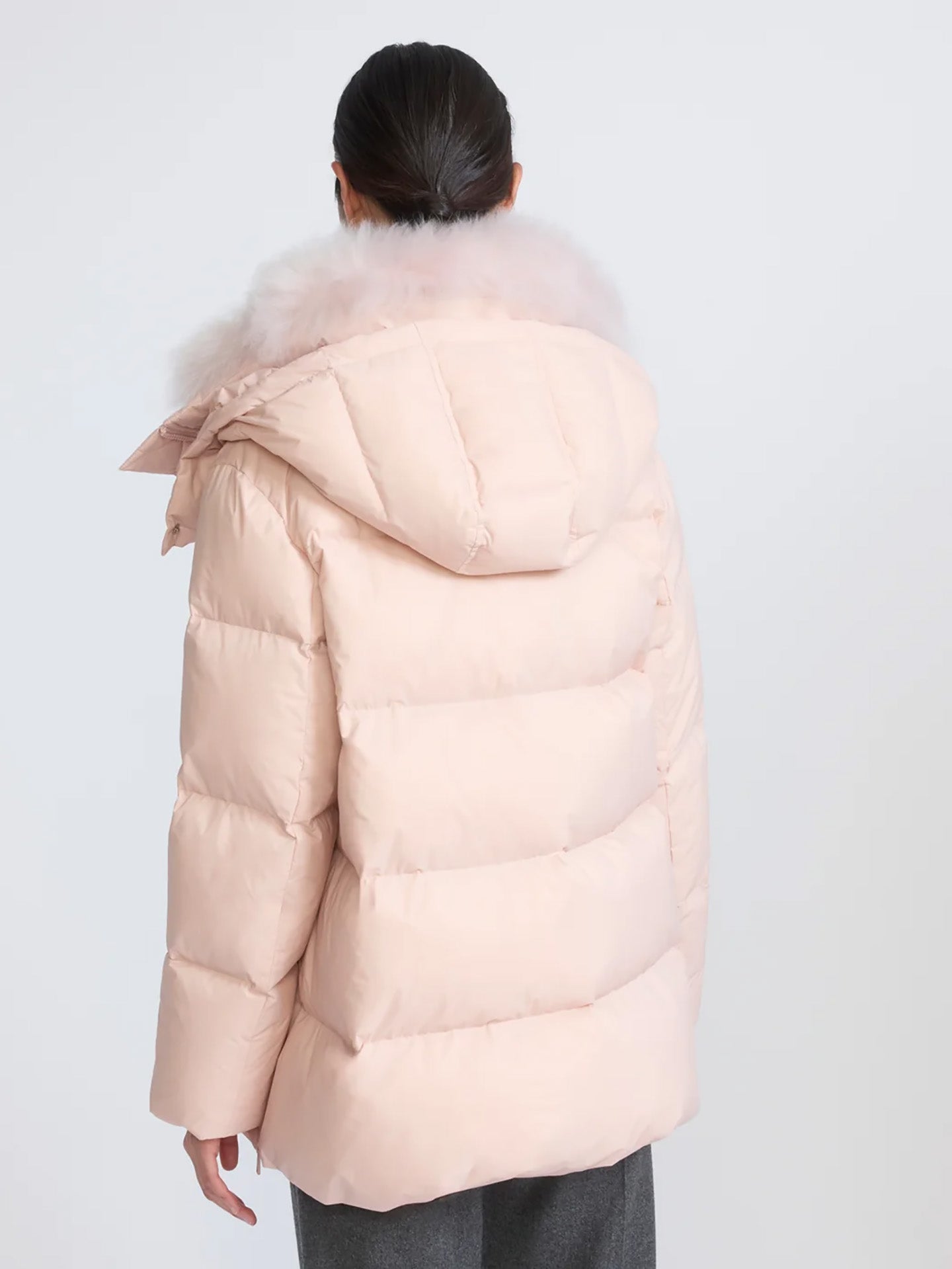 A-line down jacket with lambswool trim, pink