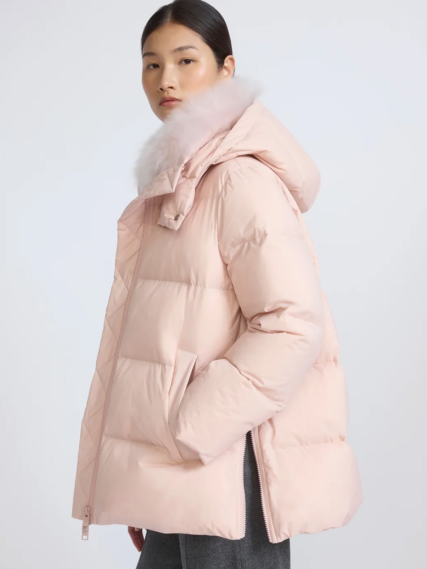 A-line down jacket with lambswool trim, pink
