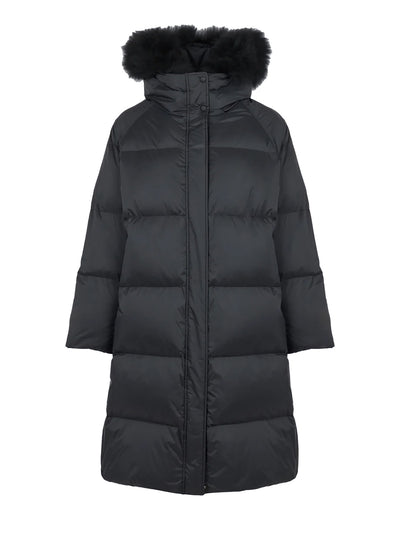 Long fur-trim hooded down coat, black