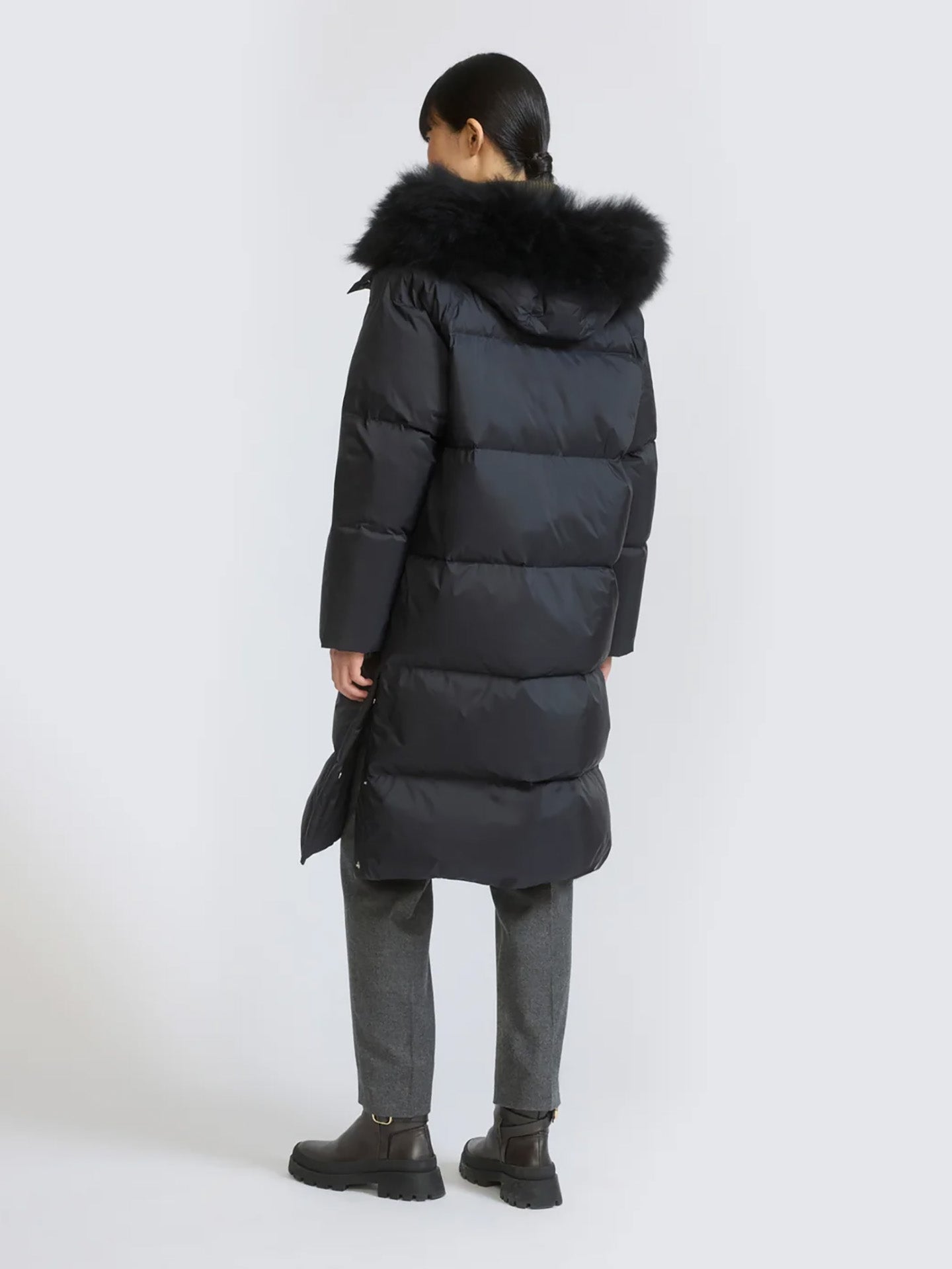 Long fur-trim hooded down coat, black