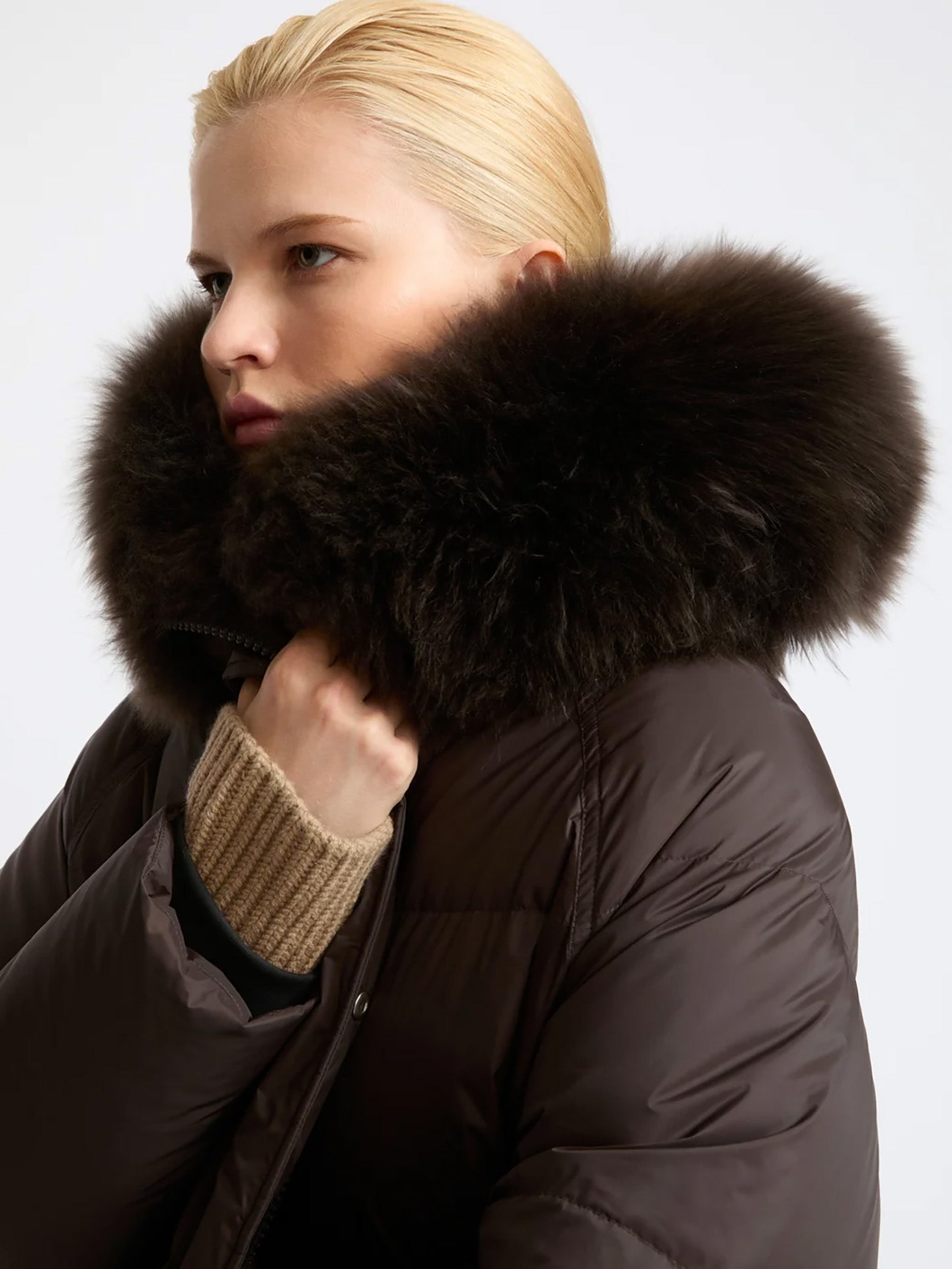 Long fur-trim hooded down coat, brown
