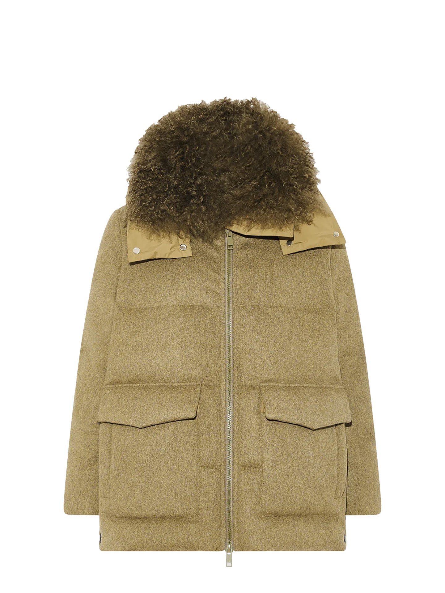 Medium length cashmere down coat with fur trim, khaki