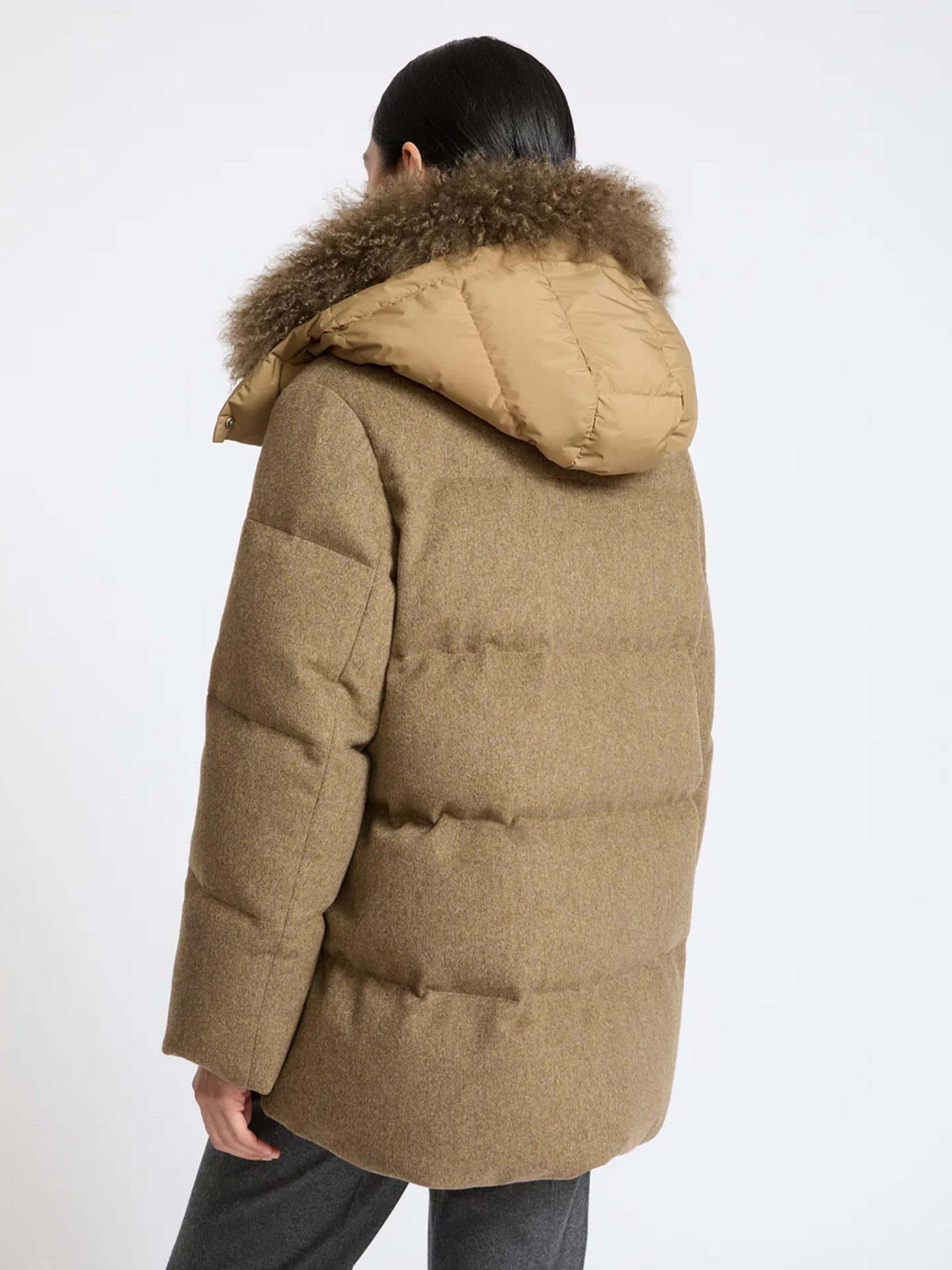 Medium length cashmere down coat with fur trim, khaki