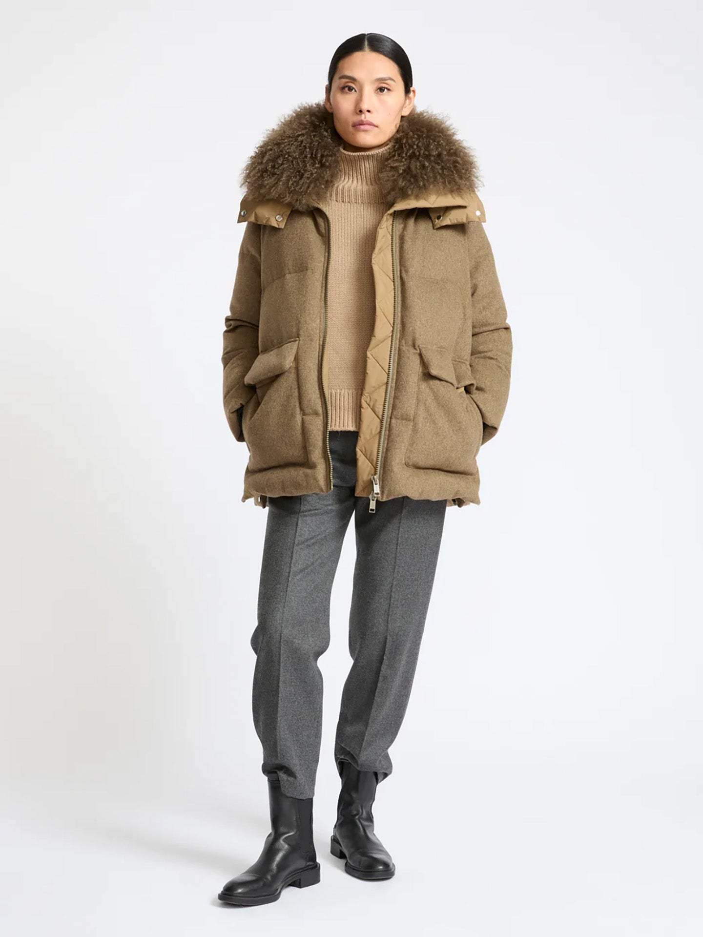 Medium length cashmere down coat with fur trim, khaki