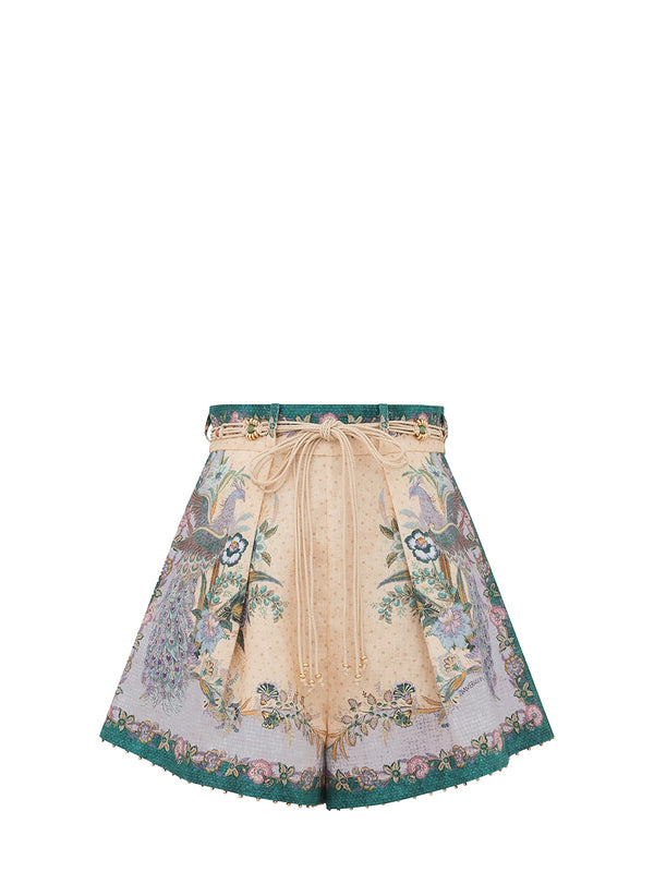 Indra tuck linen shorts, floral cream scarf print