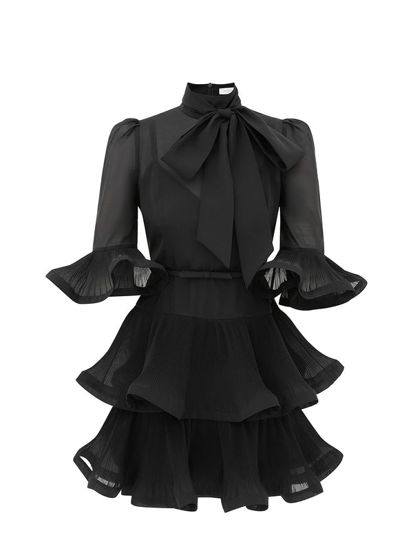 Pleated sleeved mini dress, black