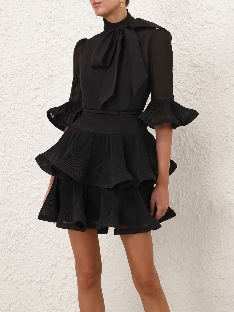 Pleated sleeved mini dress, black