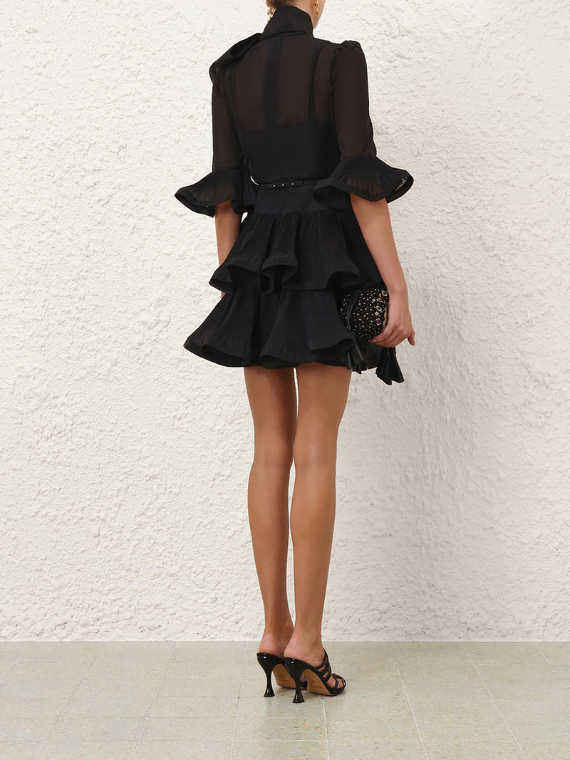 Pleated sleeved mini dress, black