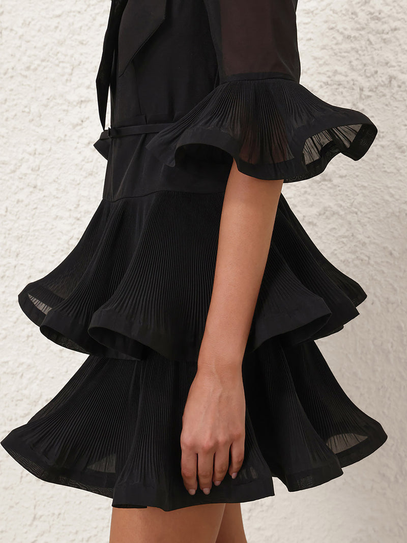 Pleated sleeved mini dress, black