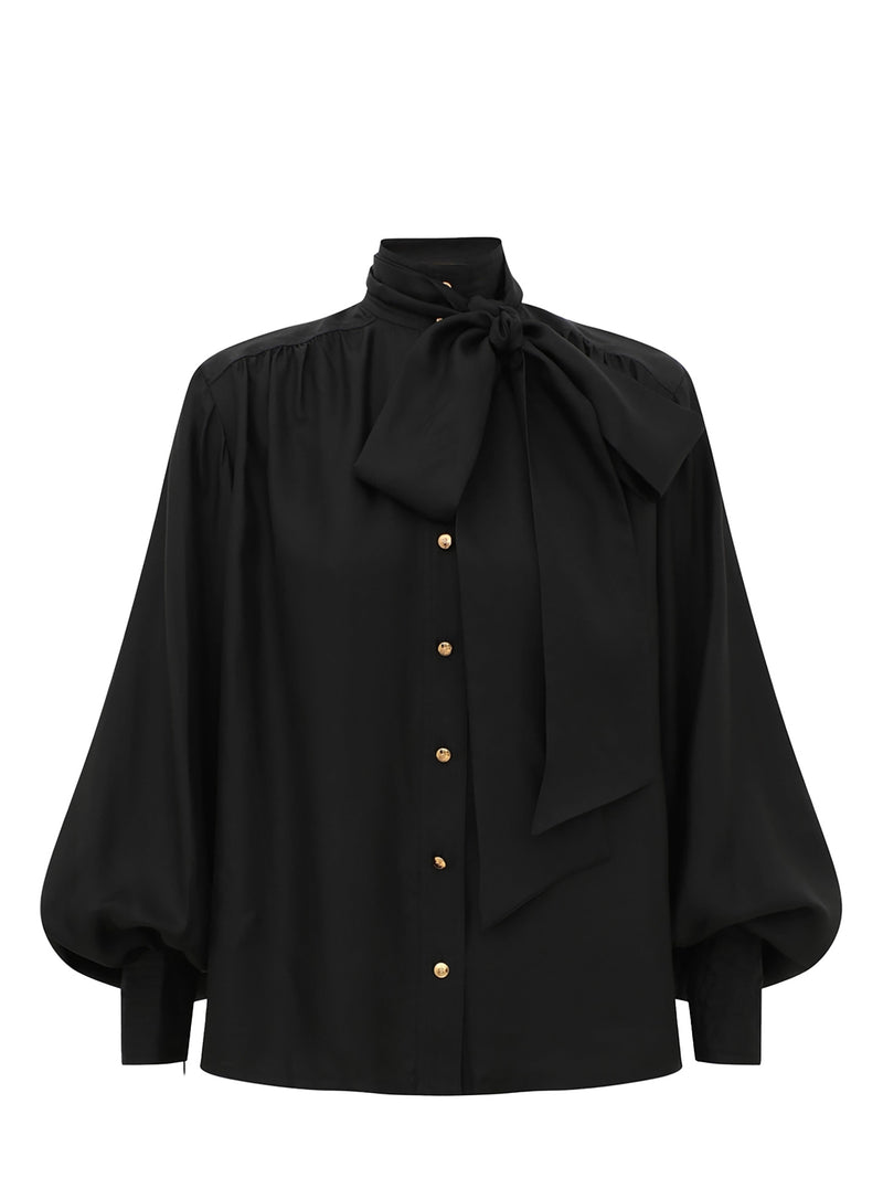 Tie neck blouse, black
