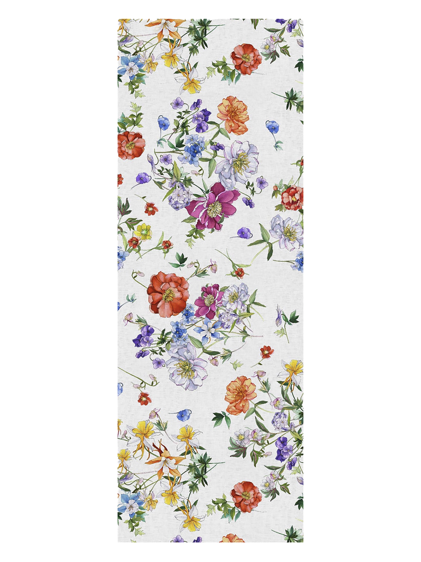 Colorful floral tablecloth by Tessitura Toscana Telerie on a white background