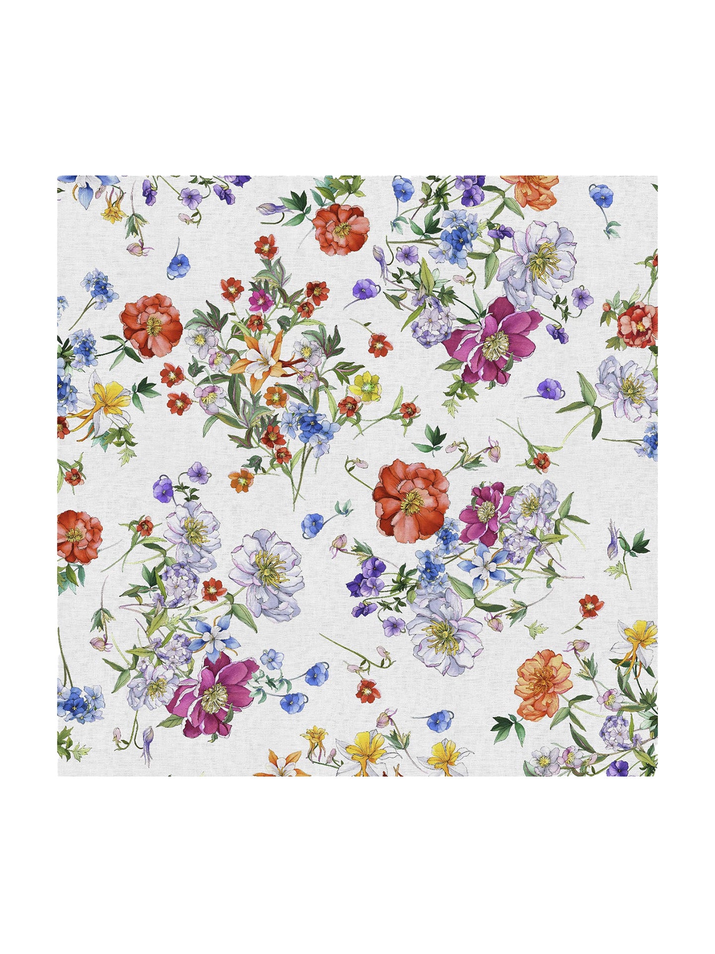 Colorful floral tablecloth by Tessitura Toscana Telerie on a white background