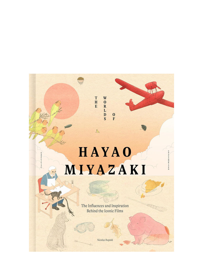 Book cover of 'The World of Hayao Miyazaki' with illustrations and text on a beige background