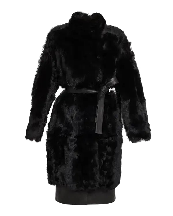 Belted lambskin shearling coat, black