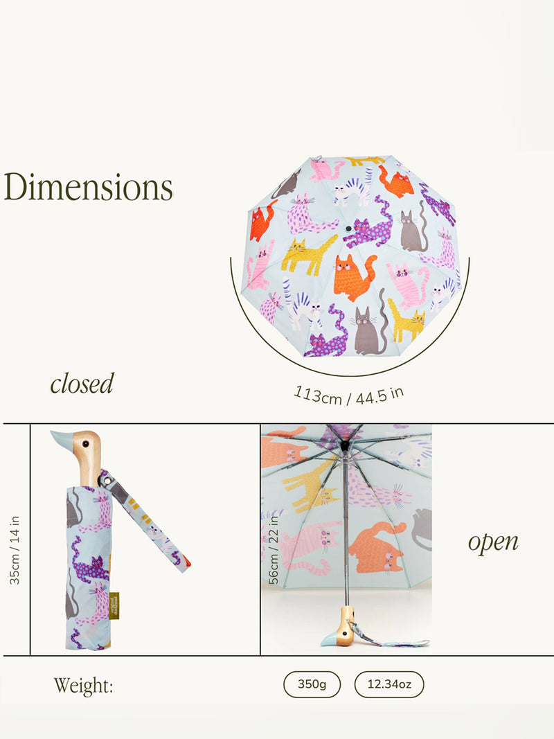 Dimensions of a folded and open umbrella with cat illustrations on a white background