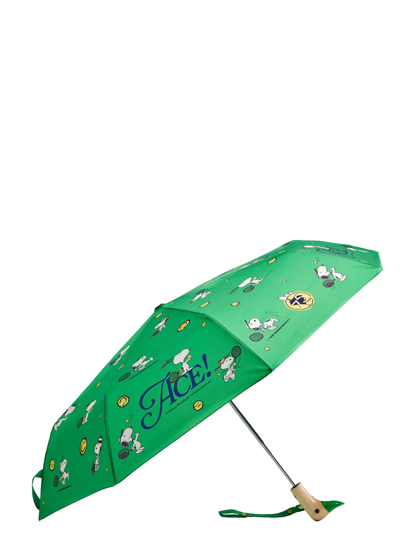 Green umbrella with cartoon character Snoopy design on a white background
