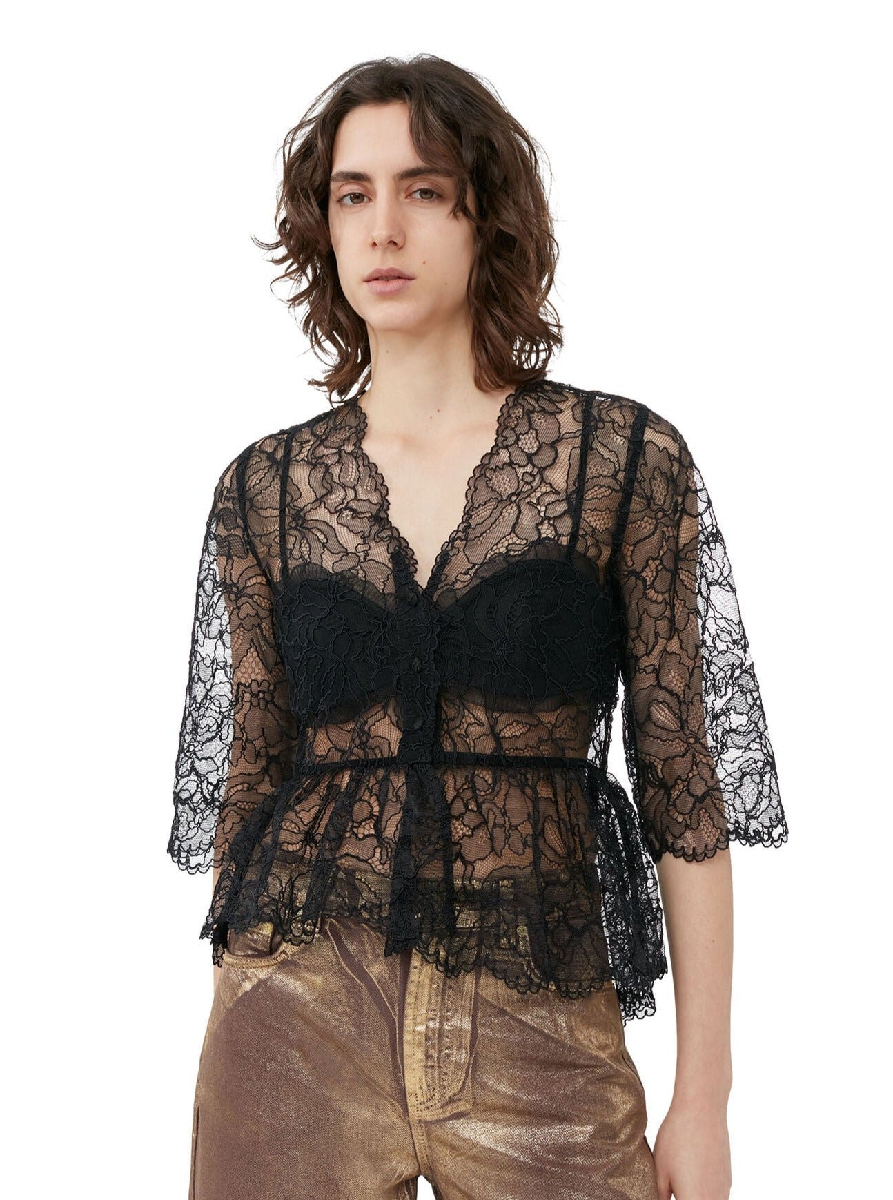 Light Lace V-neck Blouse, black