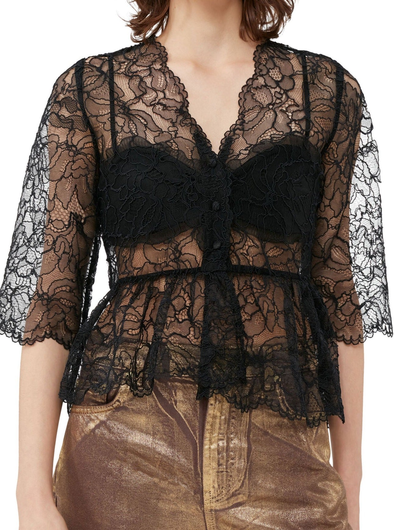 Light Lace V-neck Blouse, black