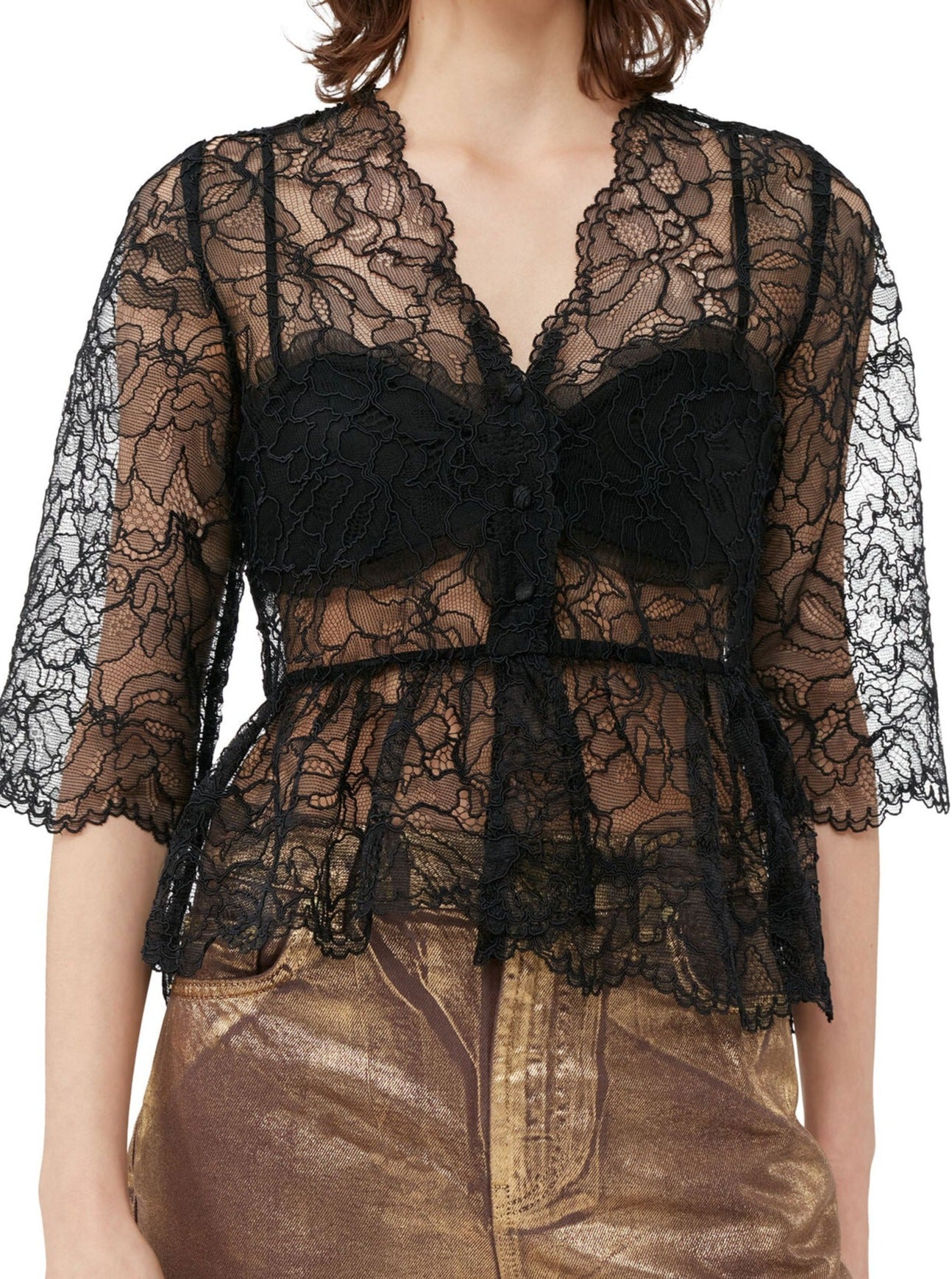 Light lace V-neck blouse, black