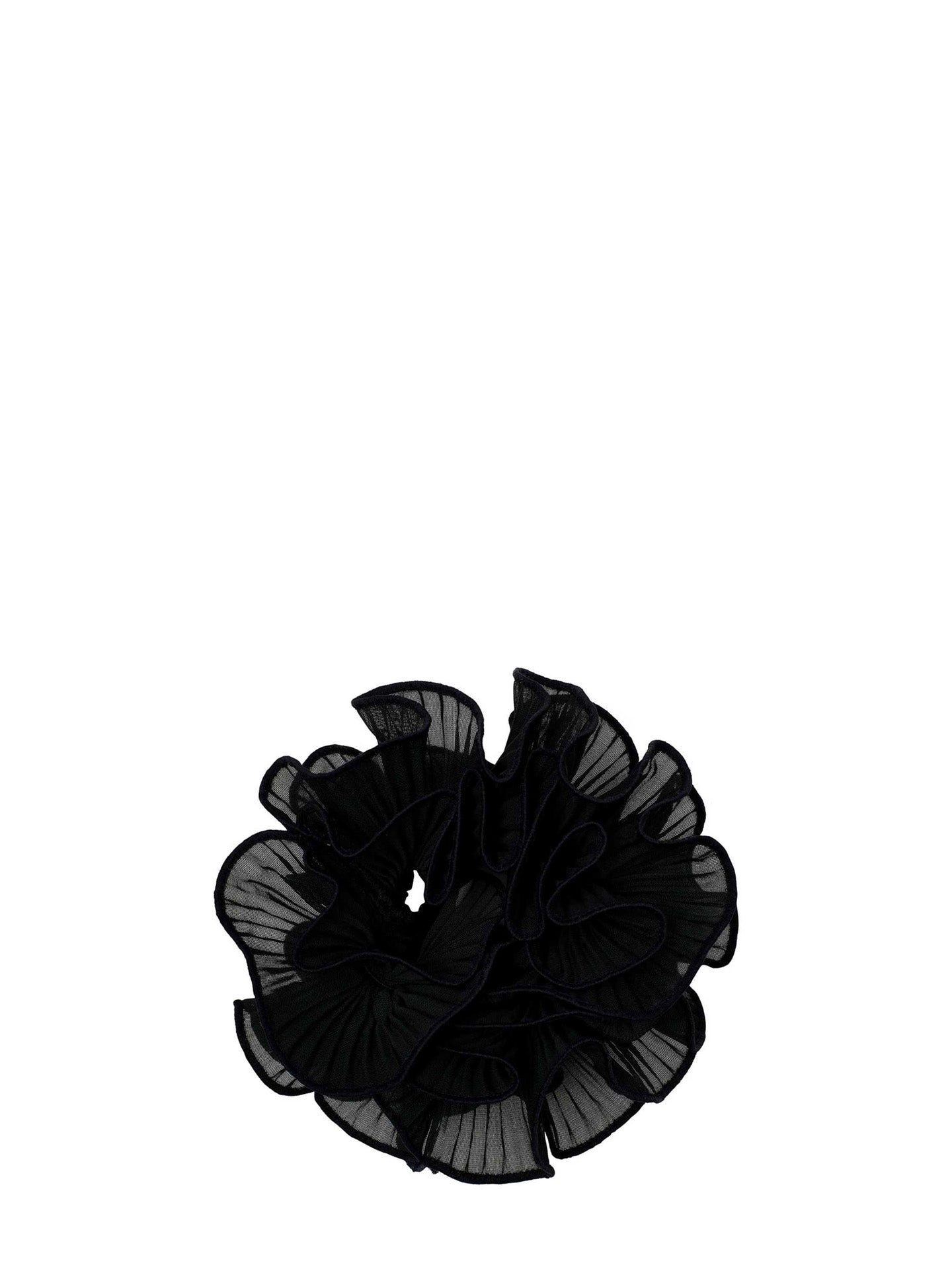 A large black ruffled sheer mesh hair scrunchie on a solid white background.