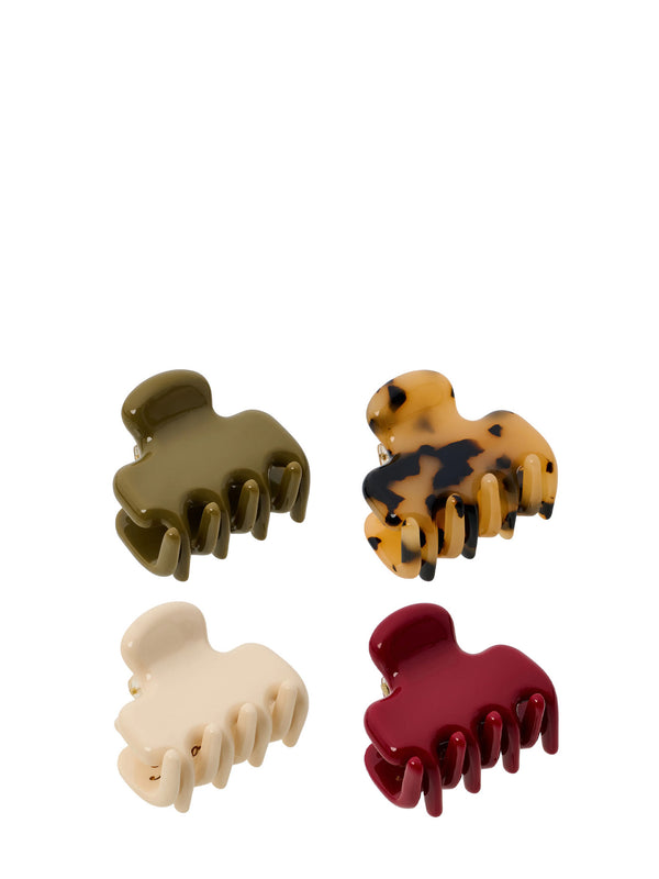 Four hair claw clips arranged in a 2x2 grid on a solid white background. The set includes solid olive green, marbled tan and black tortoise pattern, solid cream, and glossy dark red hair claw clips.