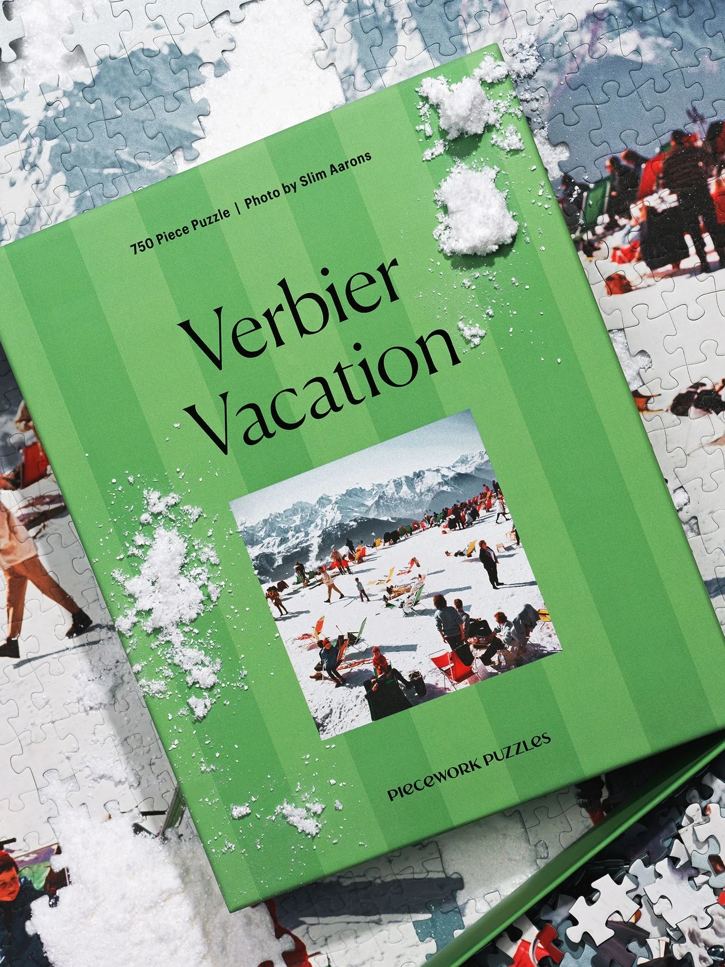 Jigsaw puzzle box titled 'Verbier Vacation' with a snowy scene on the cover.
