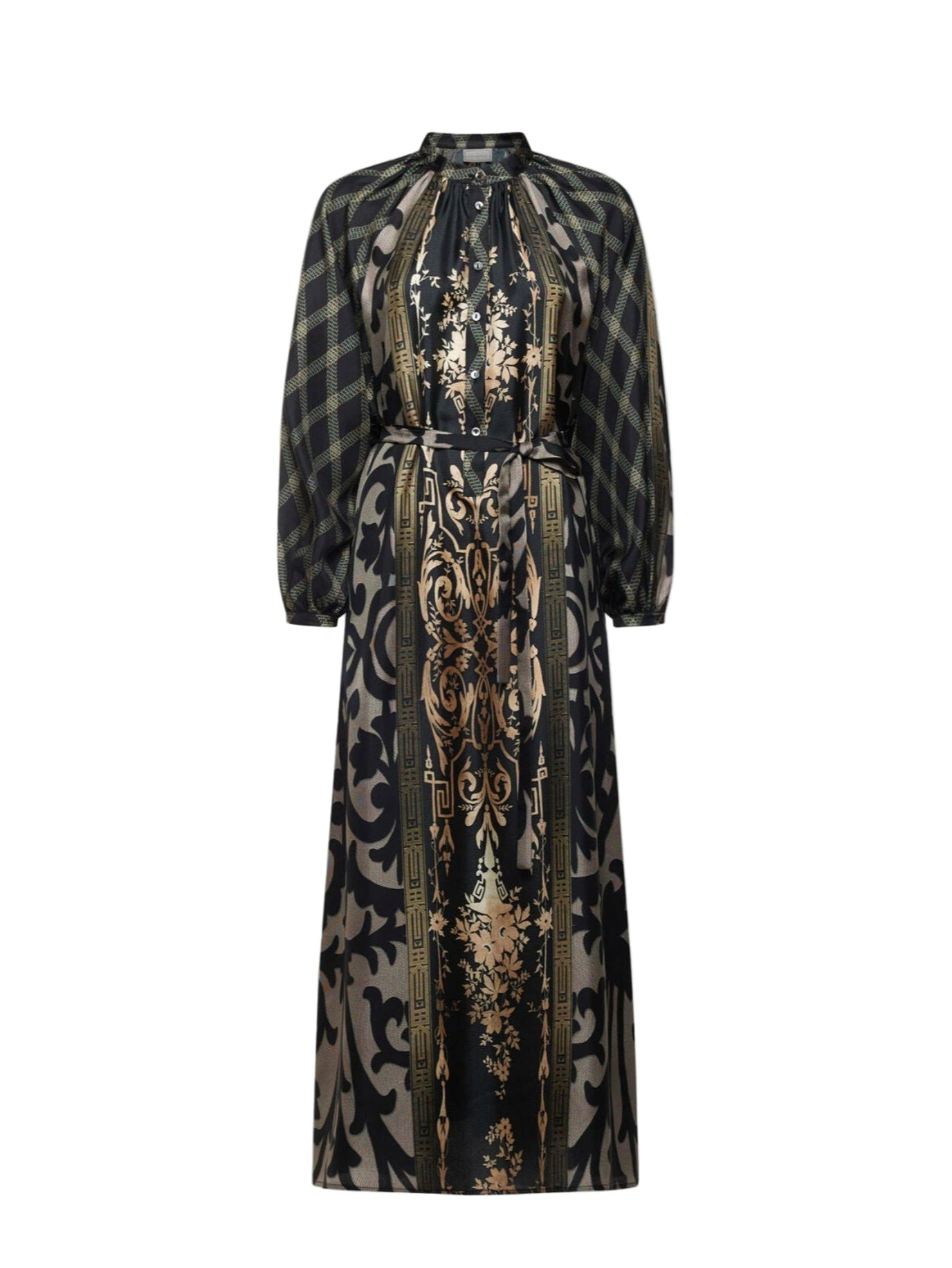 Long dress with intricate pattern on a white background