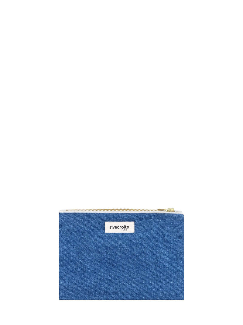 Blue pouch with a brand label on a white background