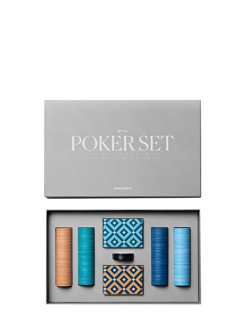 A poker set presented in a gray box with the text 'POKER SET' on the lid. The set includes components such as chips, cards, and dice, arranged neatly inside the box.