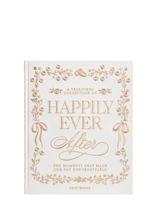 Cloth covered hardback photo album titled 'A Treasured collection of Happily Ever After' and subtitled 'The Moments that Made Our Day Unforgettable' with the titles and decorations embroidered with golden thread on an off-white background